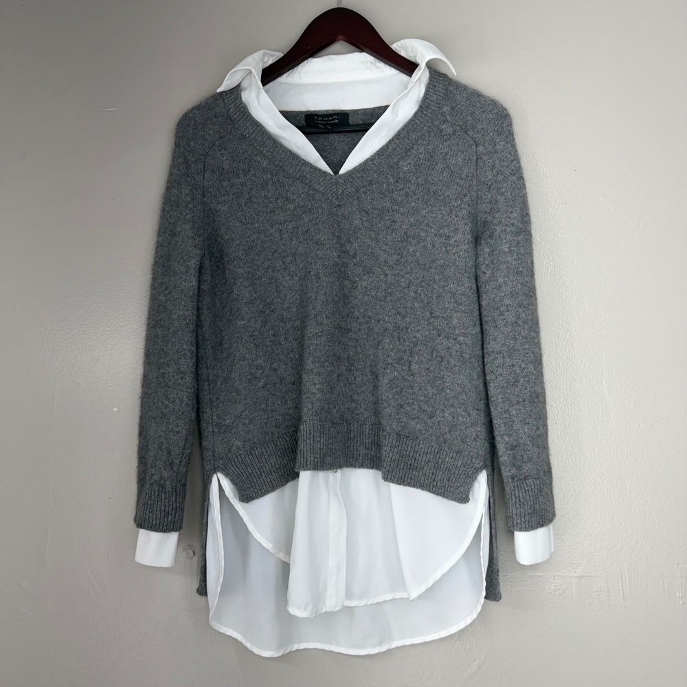 Tahari Grey 100% Cashmere Layered Look V-Neck Sweater White Shirt Hem Medium